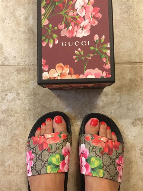 gucci women's slides with flowers|gucci floral slides outfit.